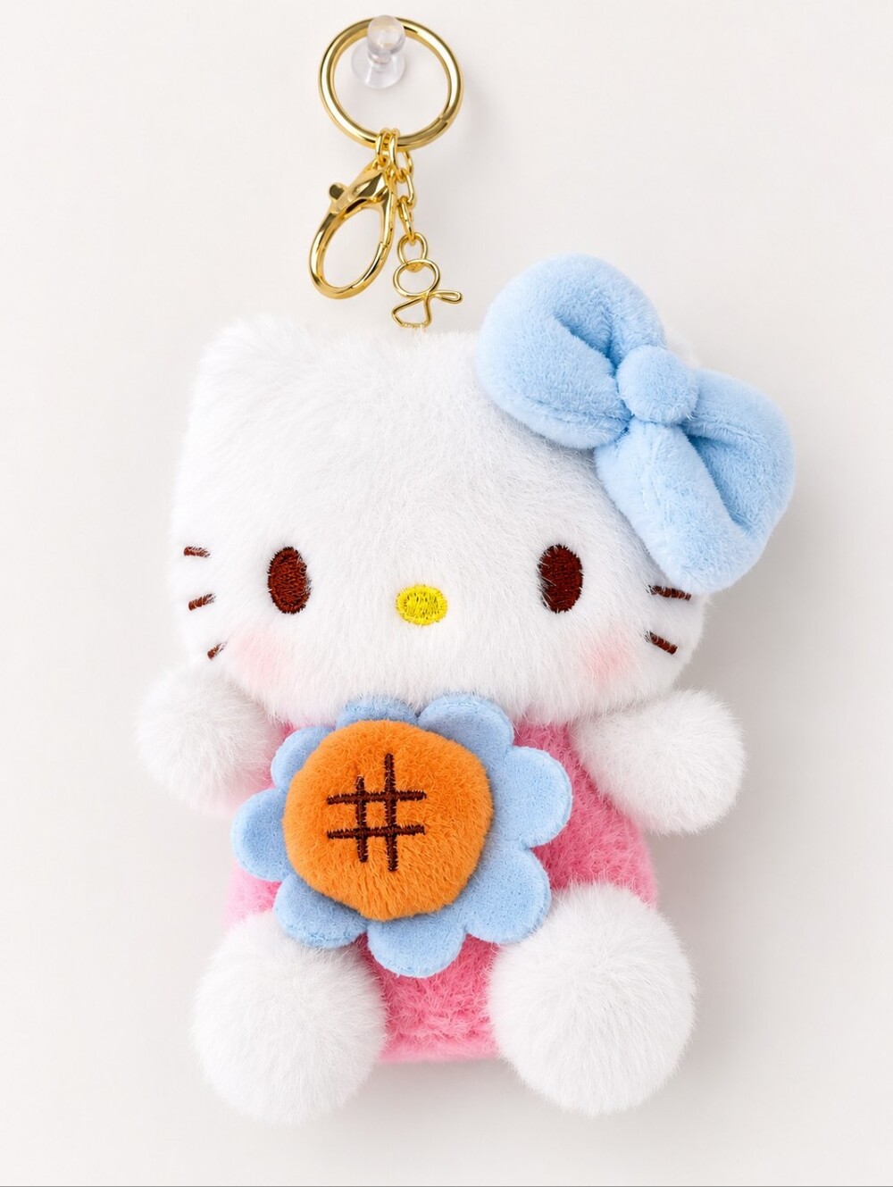 Women's Soft plush Hello Kitty keychain Classic red bow w flower Bag Charm PINK